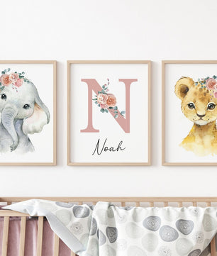 Cuadros Decorativos infantiles Modernos Animales con flores y nombre personalizado