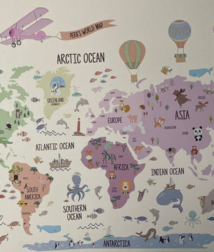 Mapa mundi infantil Niña Rosado animales, avion y globos