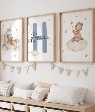 Cuadros Decorativos infantiles Modernos Osos en nube con nombre personalizado