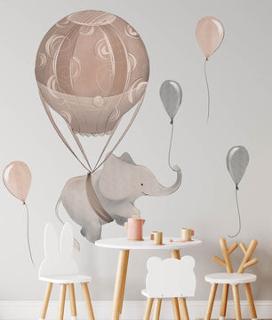 Vinilos decorativos Adhesivos infantiles de Pared Elefantes con globo aerostatico marron