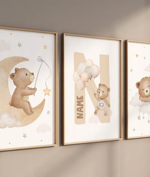 Cuadros Decorativos infantiles Modernos osos en luna y nube con nombre