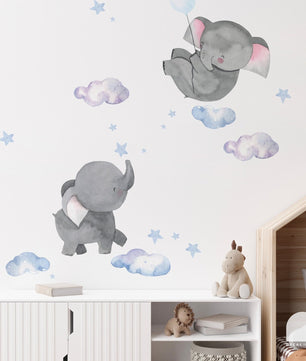 Vinilos decorativos Adhesivos infantiles de Pared Elefantes con nubes y estrellas