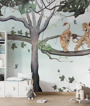 Papel para paredes Rey leon en arbol acuarela