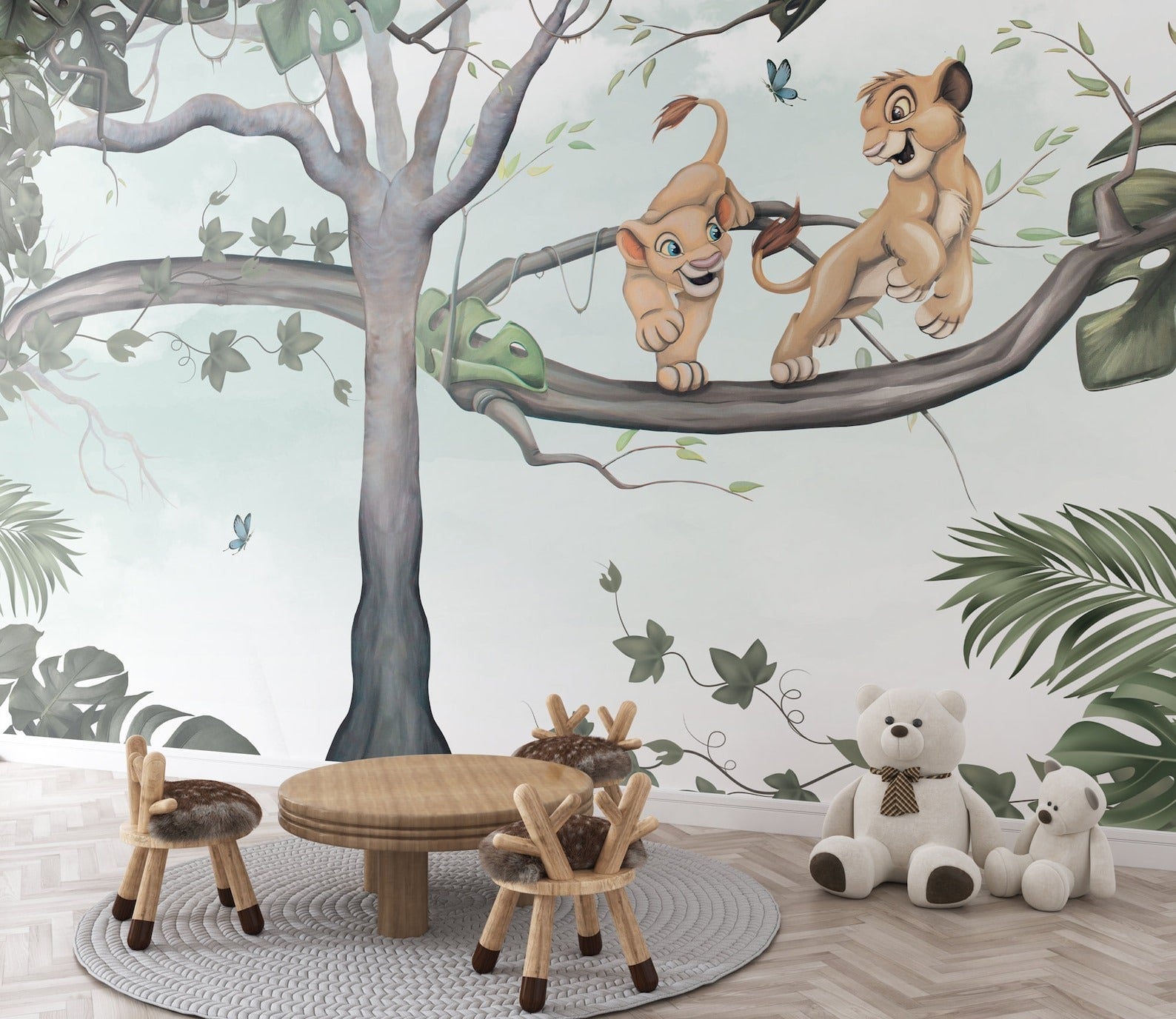 Papel para paredes Rey leon en arbol acuarela