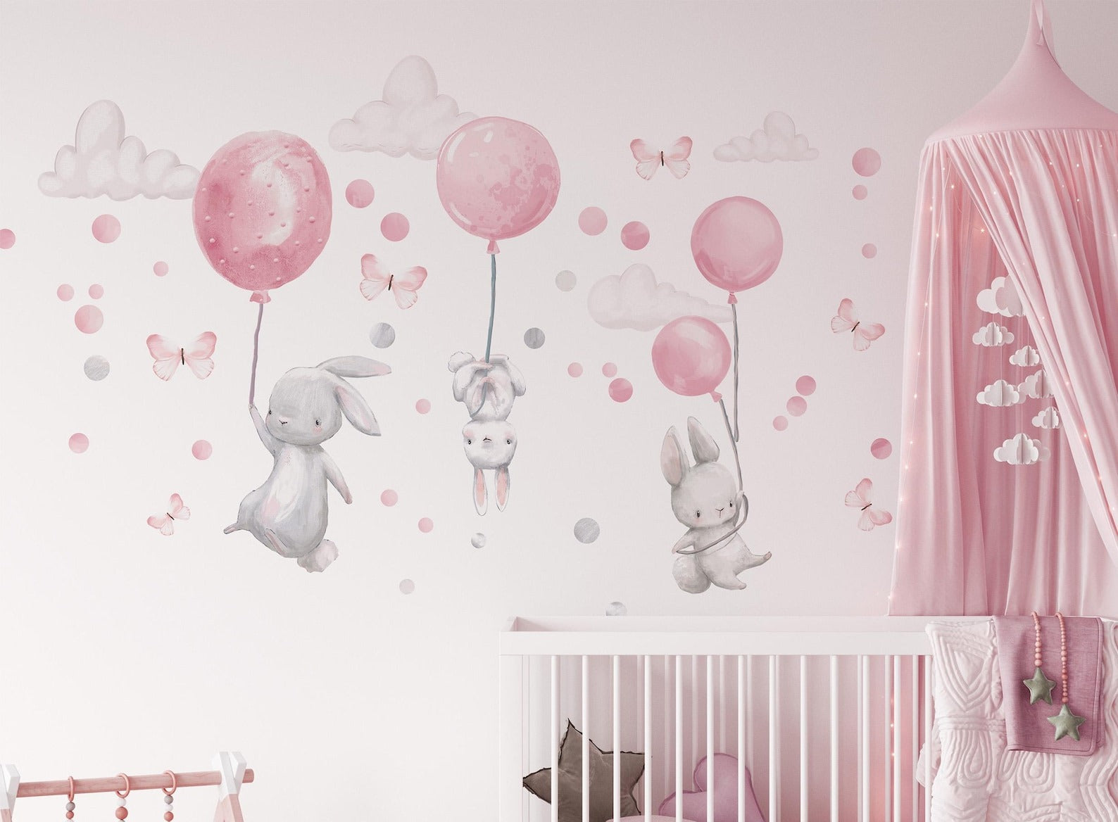 Vinilos decorativos Adhesivos infantiles de Pared  Conejo con Globos rosados