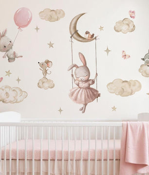 Vinilos decorativos Adhesivos infantiles de Pared Coneja con animales en nube (0135)