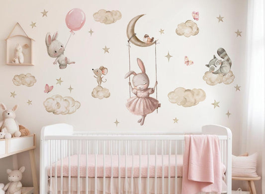 Vinilos decorativos Adhesivos infantiles de Pared Coneja con animales en nube (0135)