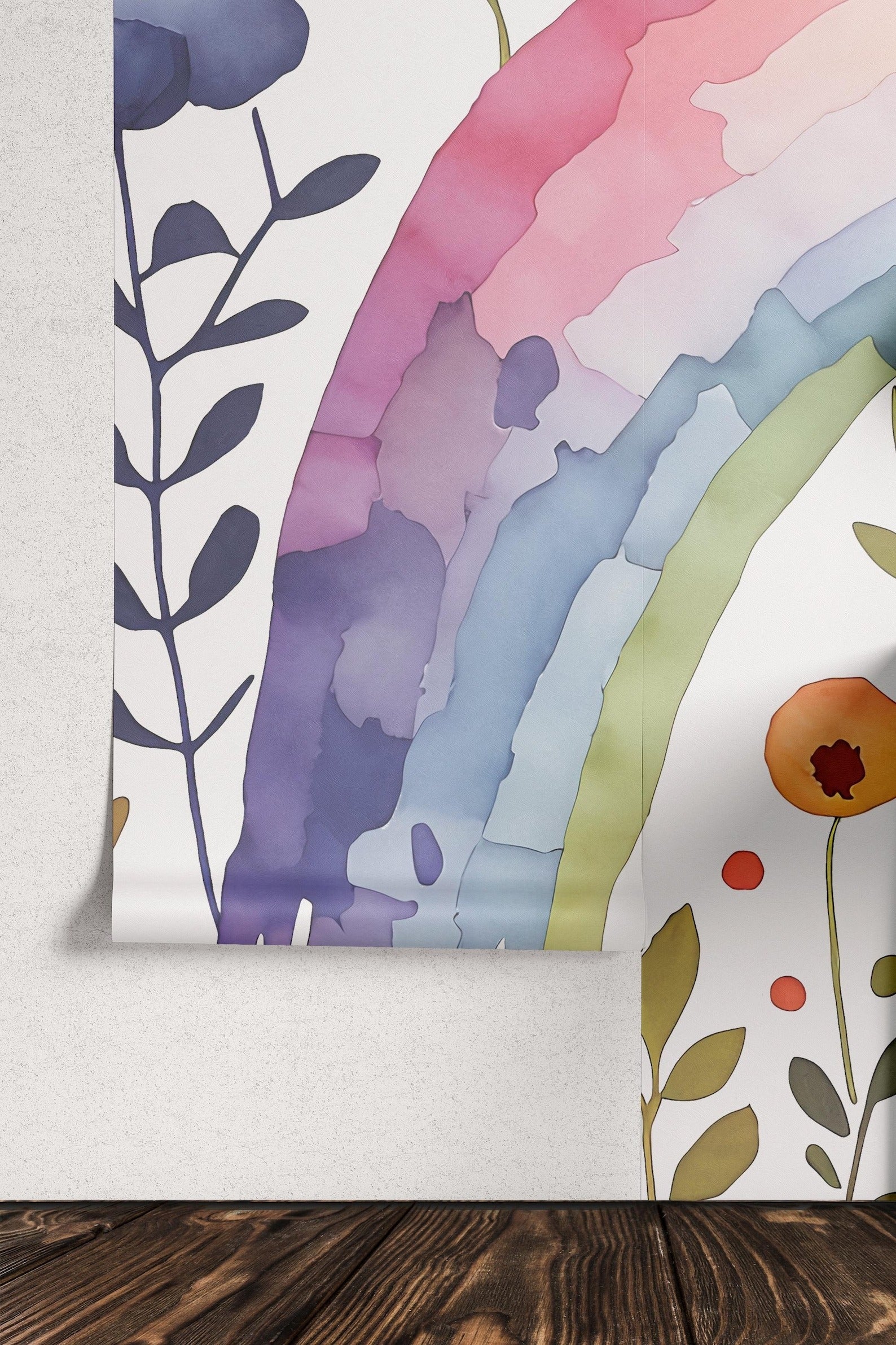 Papel para paredes Arcoiris con flores acuarela