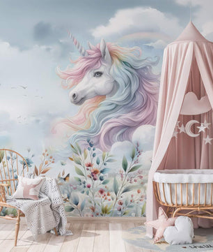 Papel para paredes Unicornio con flores