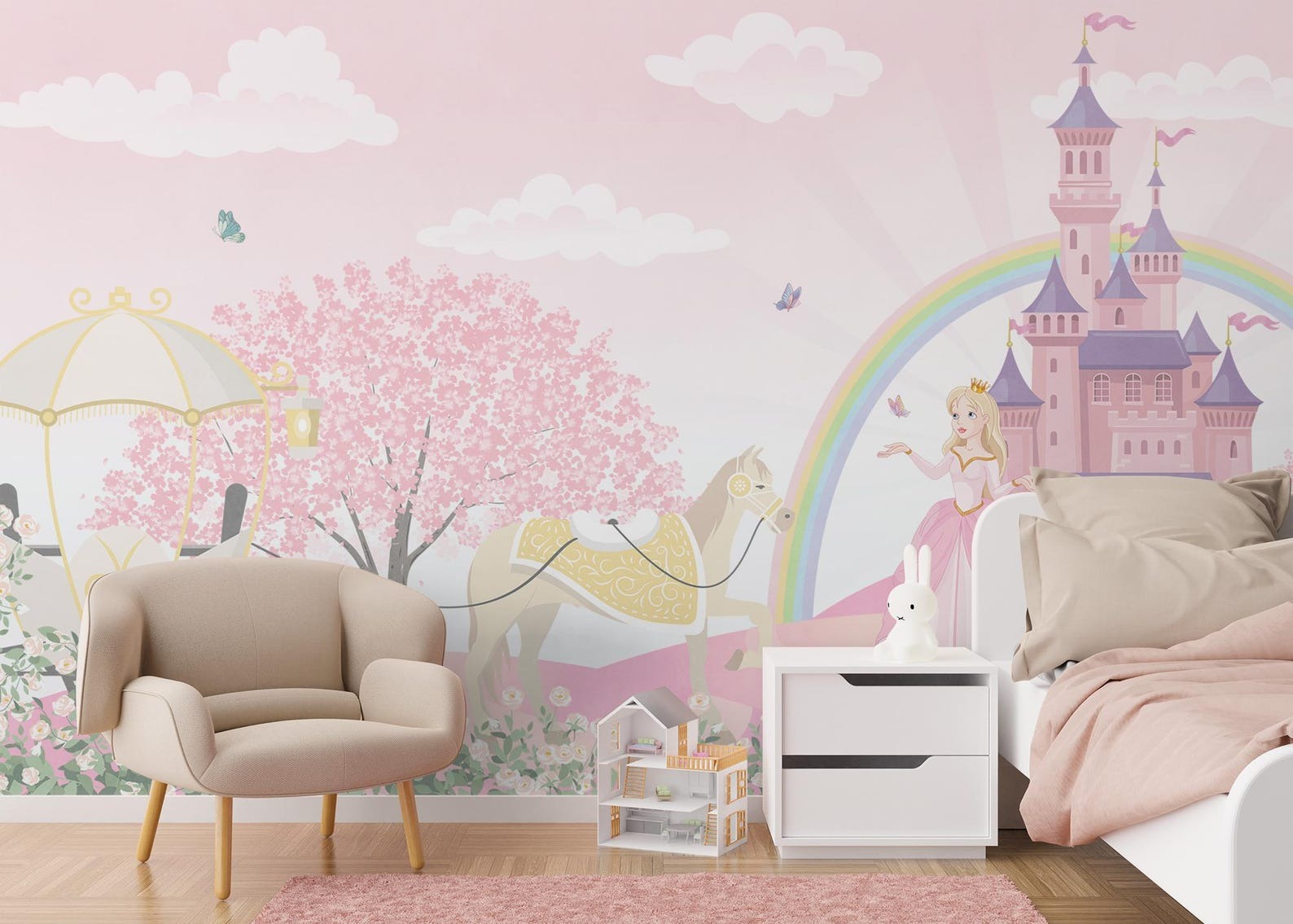 Papel para paredes Castillo Princesas y caballo