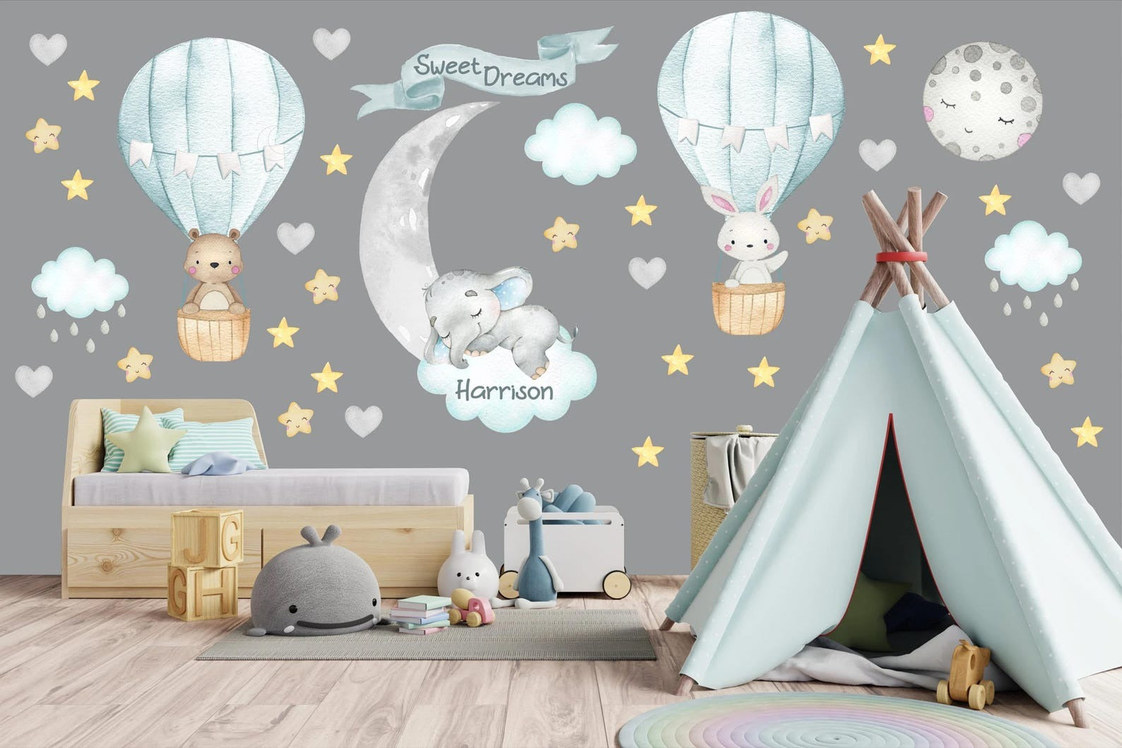 Vinilos decorativos Adhesivos infantiles de Pared Elefante Dormilon con globos aerostaticos luna y estrellas