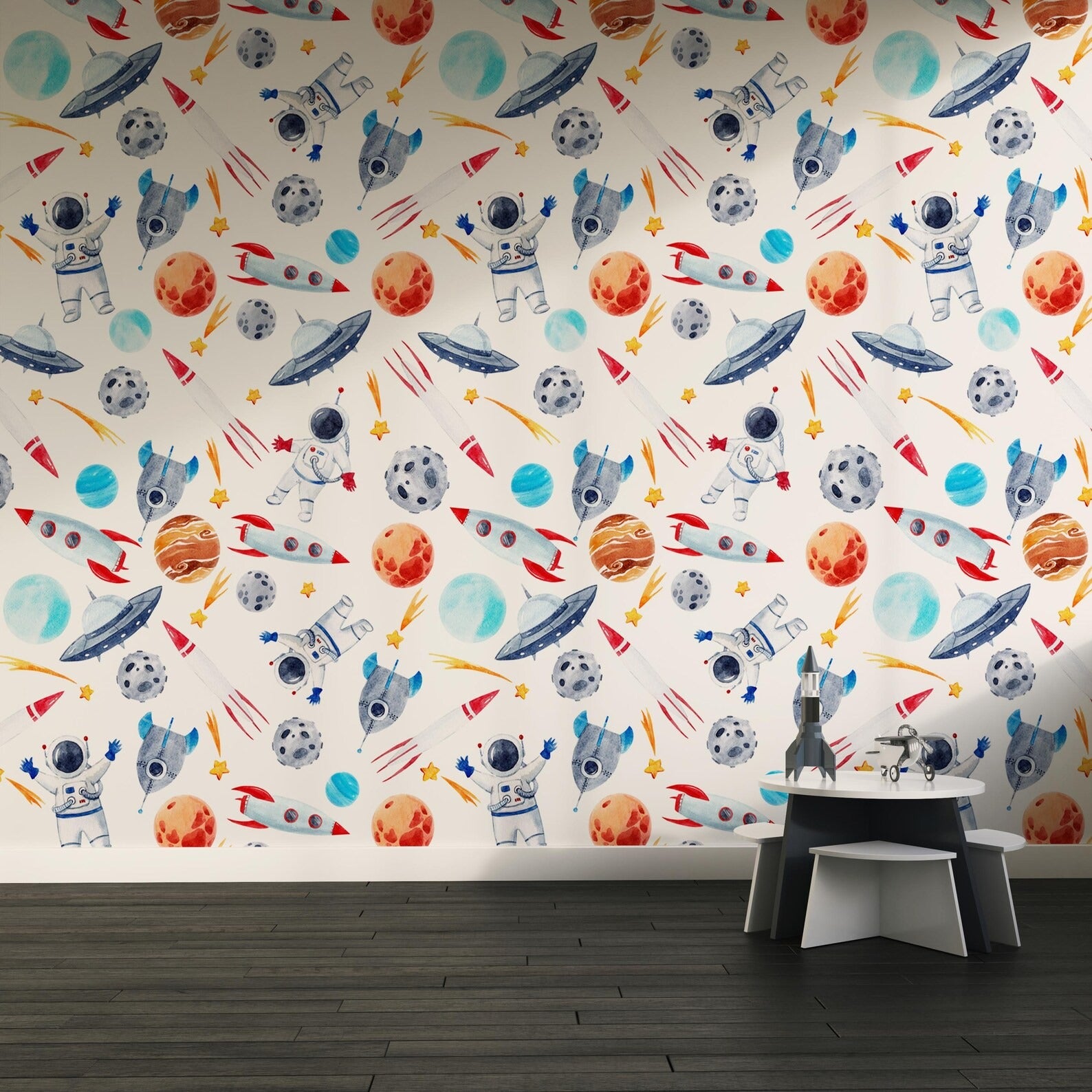 Papel para paredes astronautas mosaico colorido acuarela