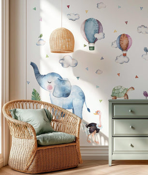 Vinilos decorativos Adhesivos infantiles de Pared Elefante azul con globos aerostaticos