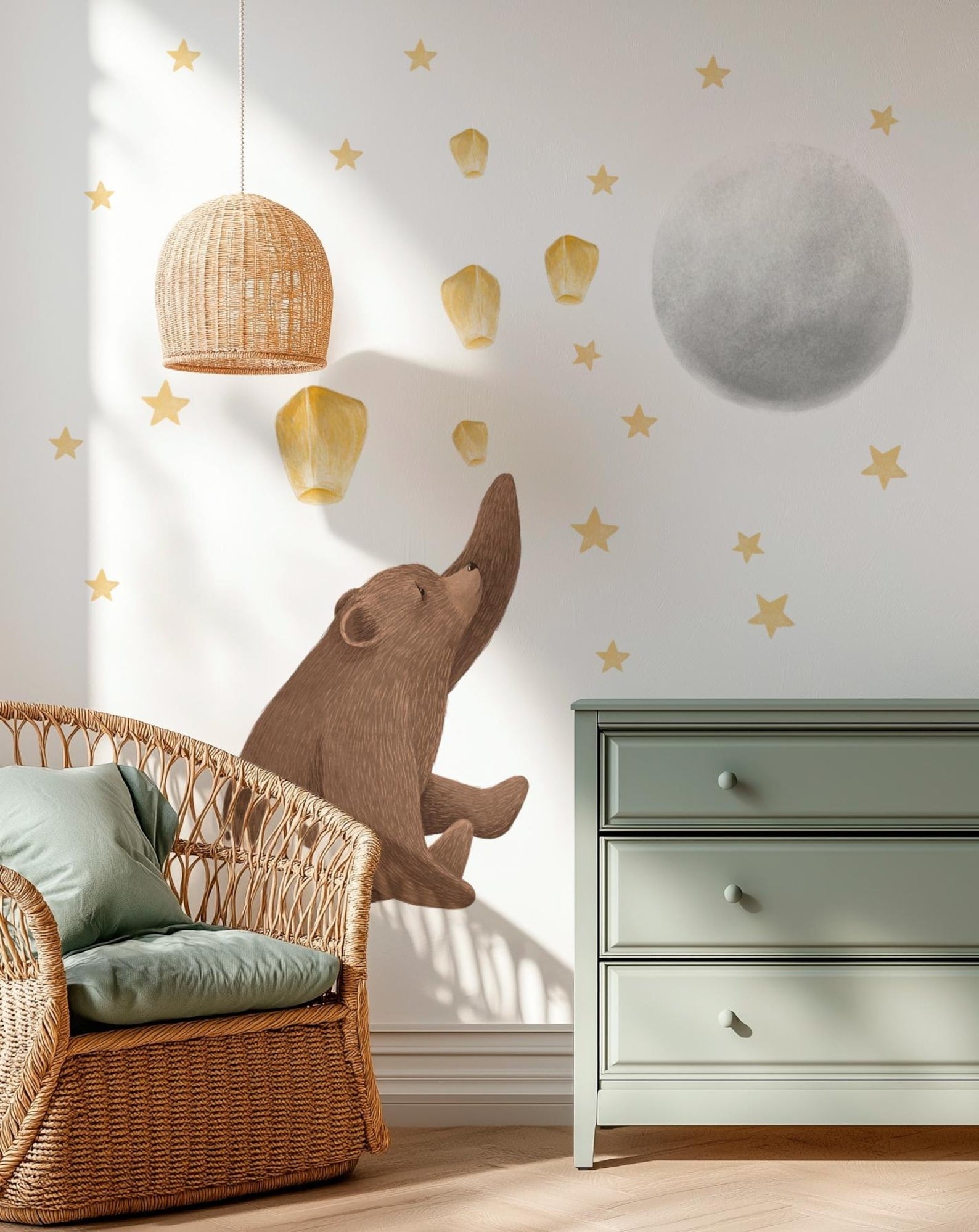 Vinilos decorativos Adhesivos infantiles de Pared de oso, luna, globo deseos y estrellas