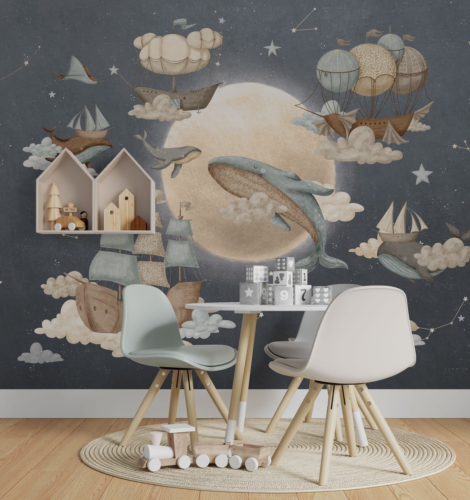 Papel para paredes luna con ballenas voladoras
