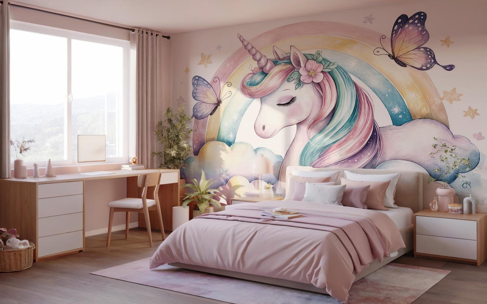 Papel para paredes Unicornio con Arcoiris y Mariposas