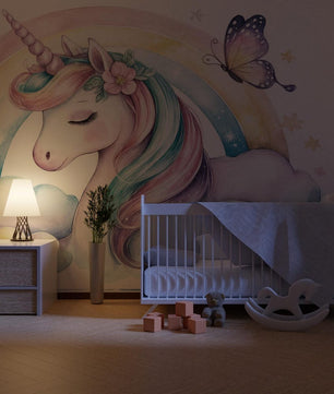 Papel para paredes Unicornio con Arcoiris y Mariposas