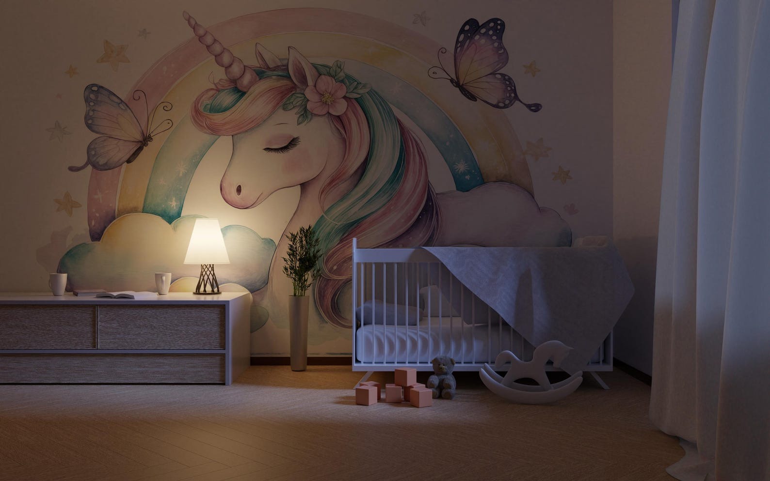 Papel para paredes Unicornio con Arcoiris y Mariposas