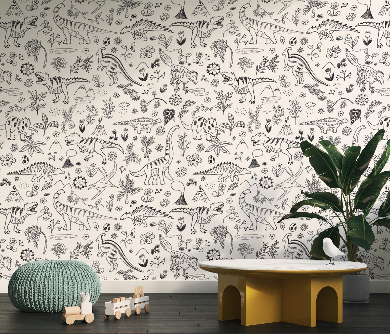 Papel para paredes Mosaico jurassico blanco y negro