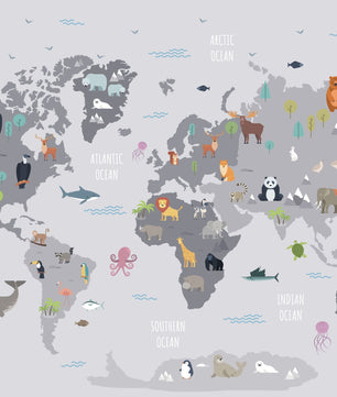 Papel para paredes Mapa mundial con animales salvajes