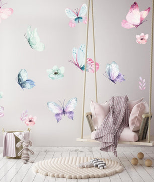 Vinilos decorativos Adhesivos infantiles de Pared Mariposas y flores niña (0068)
