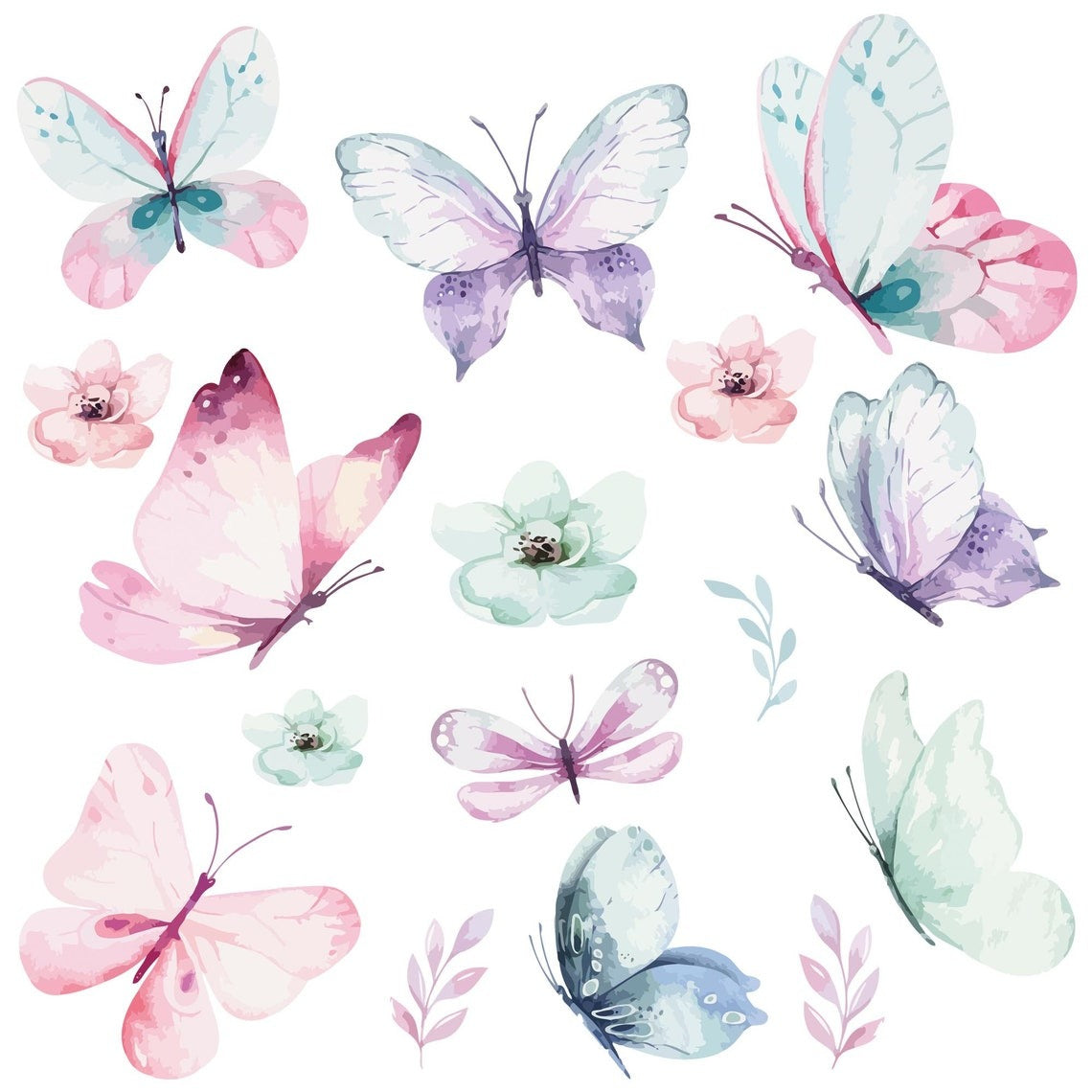 Vinilos decorativos Adhesivos infantiles de Pared Mariposas y flores niña (0068)