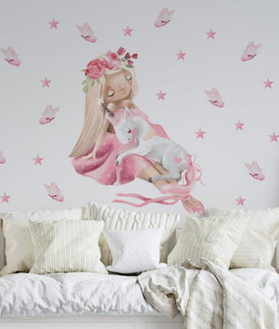 Vinilos decorativos Adhesivos infantiles de Pared unicornio con princesa niña