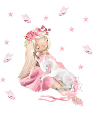 Vinilos decorativos Adhesivos infantiles de Pared unicornio con princesa niña