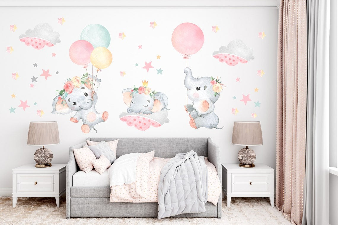 Vinilos decorativos Adhesivos infantiles de Pared elefante de acuarela 2 niña (0043)