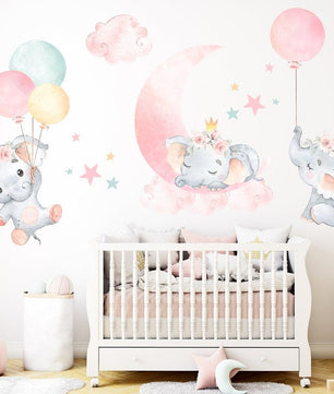Vinilos decorativos Adhesivos infantiles de Pared elefantes rosados con globos niña (0047)