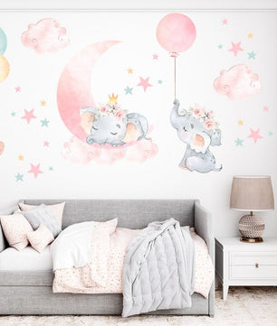 Vinilos decorativos Adhesivos infantiles de Pared elefantes rosados con globos niña (0047)