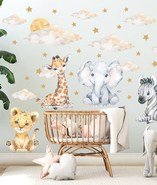 Vinilos decorativos Adhesivos infantiles de Pared bebé, León, elefante, cebra, jirafa con nubes y estrellas (0028)