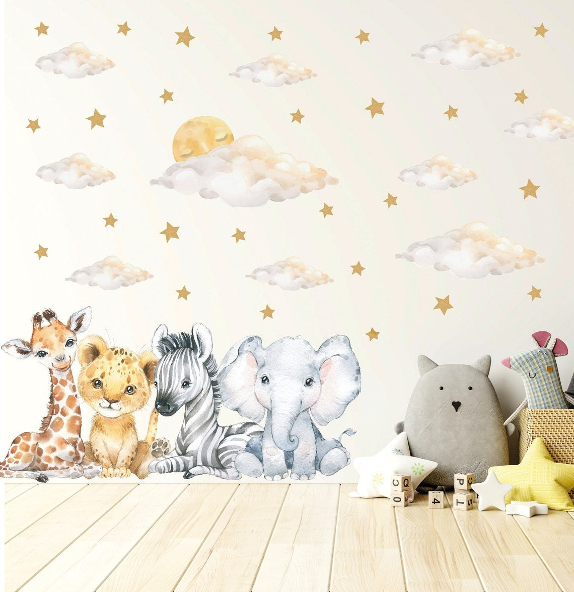 Vinilos decorativos Adhesivos infantiles de Pared bebé, León, elefante, cebra, jirafa con nubes y estrellas (0028)