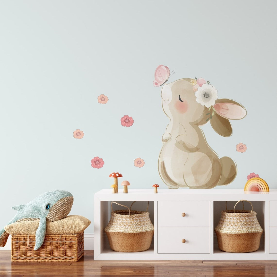 Vinilos decorativos Adhesivos infantiles de Pared  Conejo con flores y mariposas(0013)