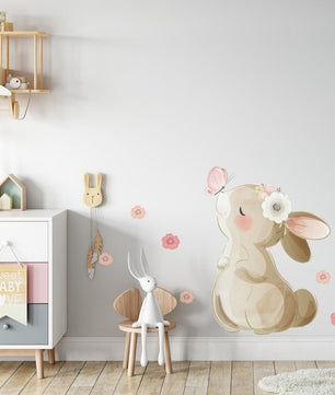 Vinilos decorativos Adhesivos infantiles de Pared  Conejo con flores y mariposas(0013)