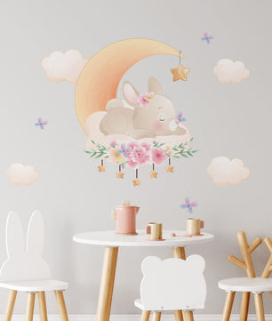 Vinilos decorativos Adhesivos infantiles de Pared Conejo lindo de Pascua en la luna niña
