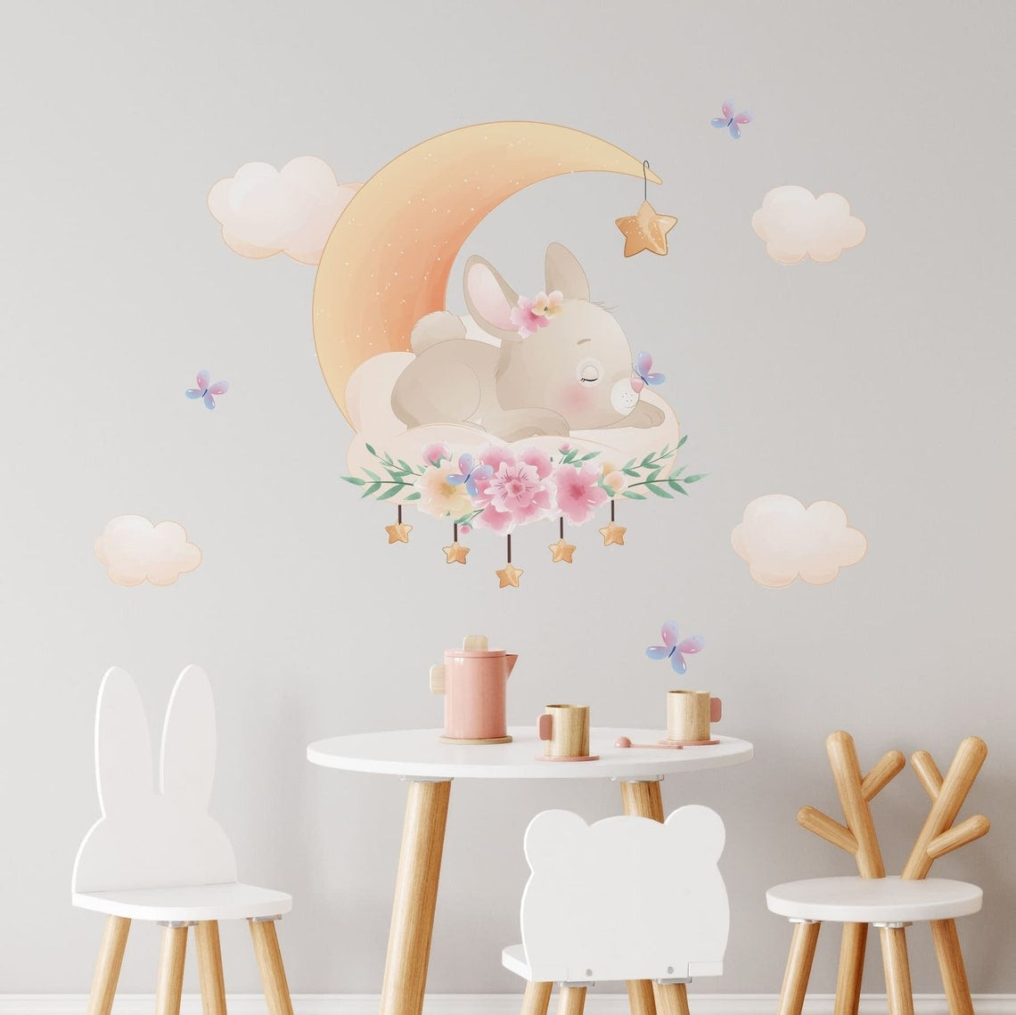 Vinilos decorativos Adhesivos infantiles de Pared Conejo lindo de Pascua en la luna niña
