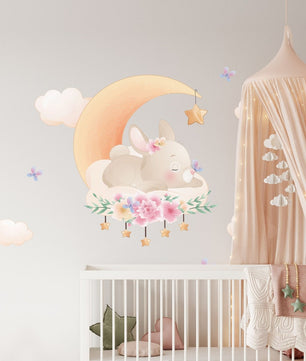 Vinilos decorativos Adhesivos infantiles de Pared Conejo lindo de Pascua en la luna niña
