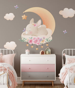 Vinilos decorativos Adhesivos infantiles de Pared Conejo lindo de Pascua en la luna niña