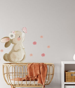 Vinilos decorativos Adhesivos infantiles de Pared  Conejo con flores y mariposas(0013)