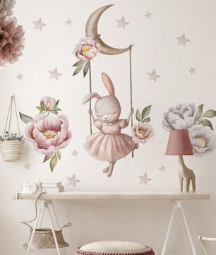 Vinilos decorativos Adhesivos infantiles de Pared conejito en columpio niña (0029)