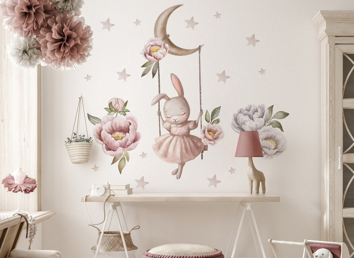 Vinilos decorativos Adhesivos infantiles de Pared conejito en columpio niña (0029)