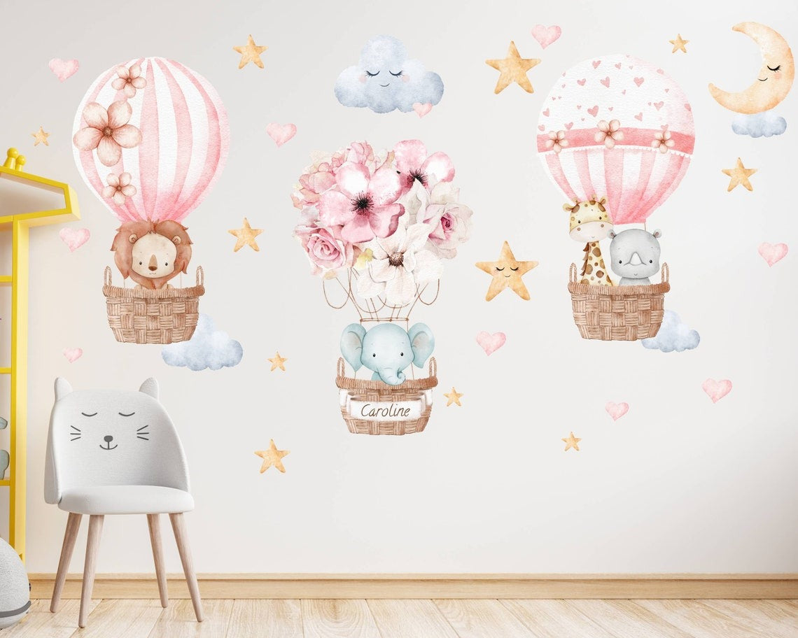 Vinilos decorativos Adhesivos infantiles de Pared Globos Aerostáticos con animales niña (0060)