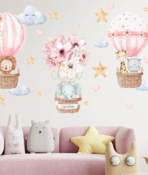 Vinilos decorativos Adhesivos infantiles de Pared Globos Aerostáticos con animales niña (0060)