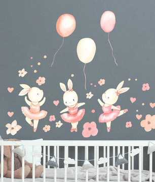 Vinilos decorativos Adhesivos infantiles de Pared Dulce bailarina conejita con globos Flores Corazones (0039)