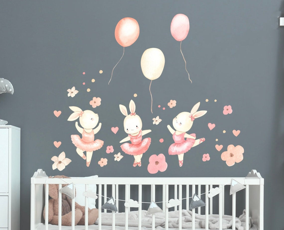 Vinilos decorativos Adhesivos infantiles de Pared Dulce bailarina conejita con globos Flores Corazones (0039)