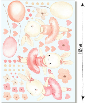Vinilos decorativos Adhesivos infantiles de Pared Dulce bailarina conejita con globos Flores Corazones (0039)
