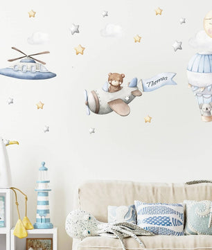 Vinilos decorativos Adhesivos infantiles de Pared  oso teddy aviador con globo aerostático niño (0016)