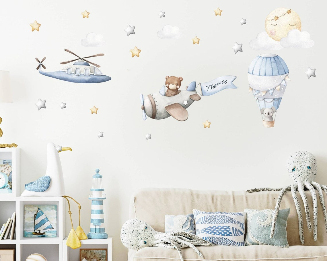 Vinilos decorativos Adhesivos infantiles de Pared  oso teddy aviador con globo aerostático niño (0016)