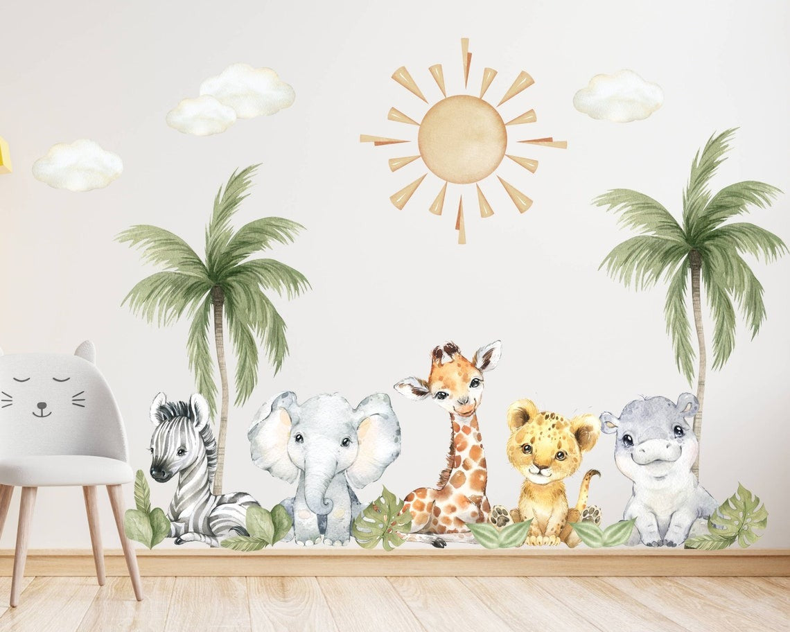 Vinilos decorativos Adhesivos infantiles de pared de acuarela de animales de safari de bebé (0032)